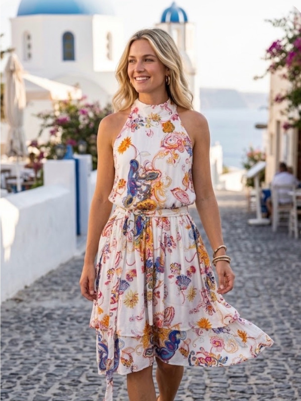 ANDREE BY UNIT White Halter Midi Dress with Multicolor Paisley Print